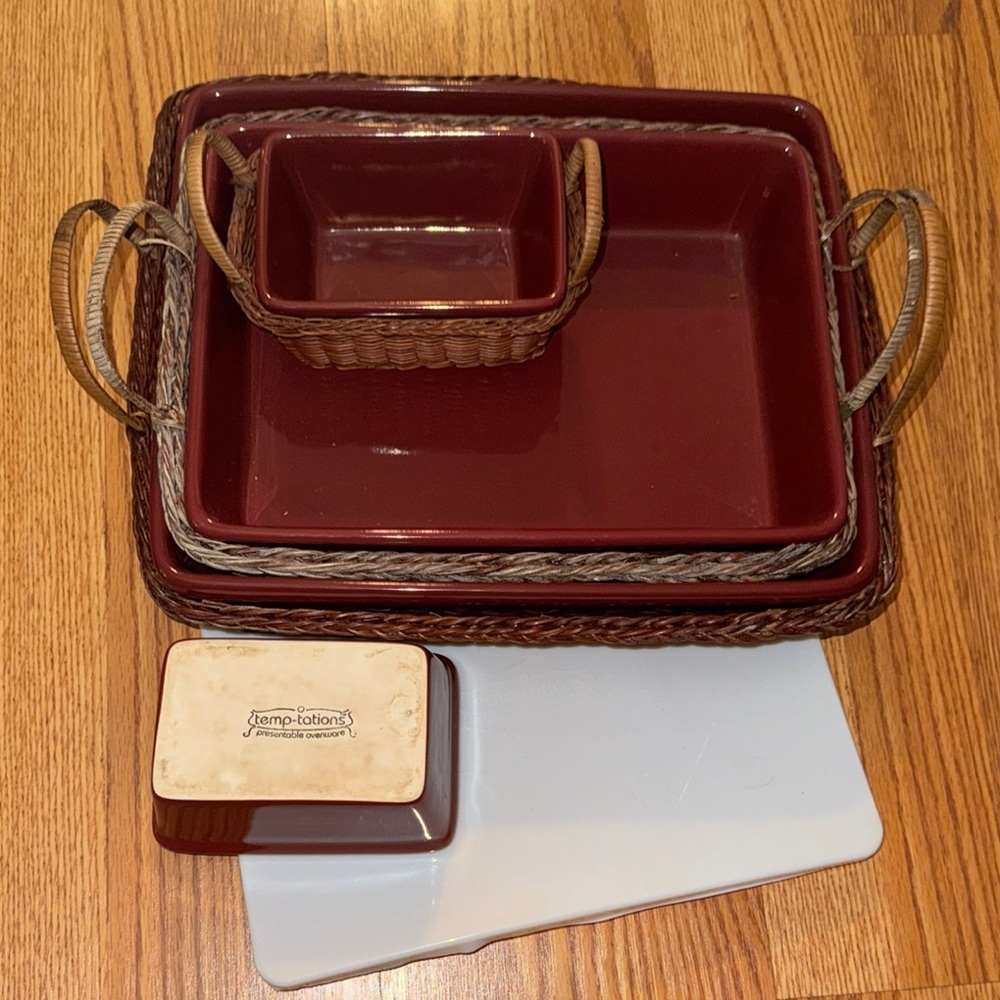 Temp-Tations Deep Red Stoneware Serving & Baking Set with Wicker Trays